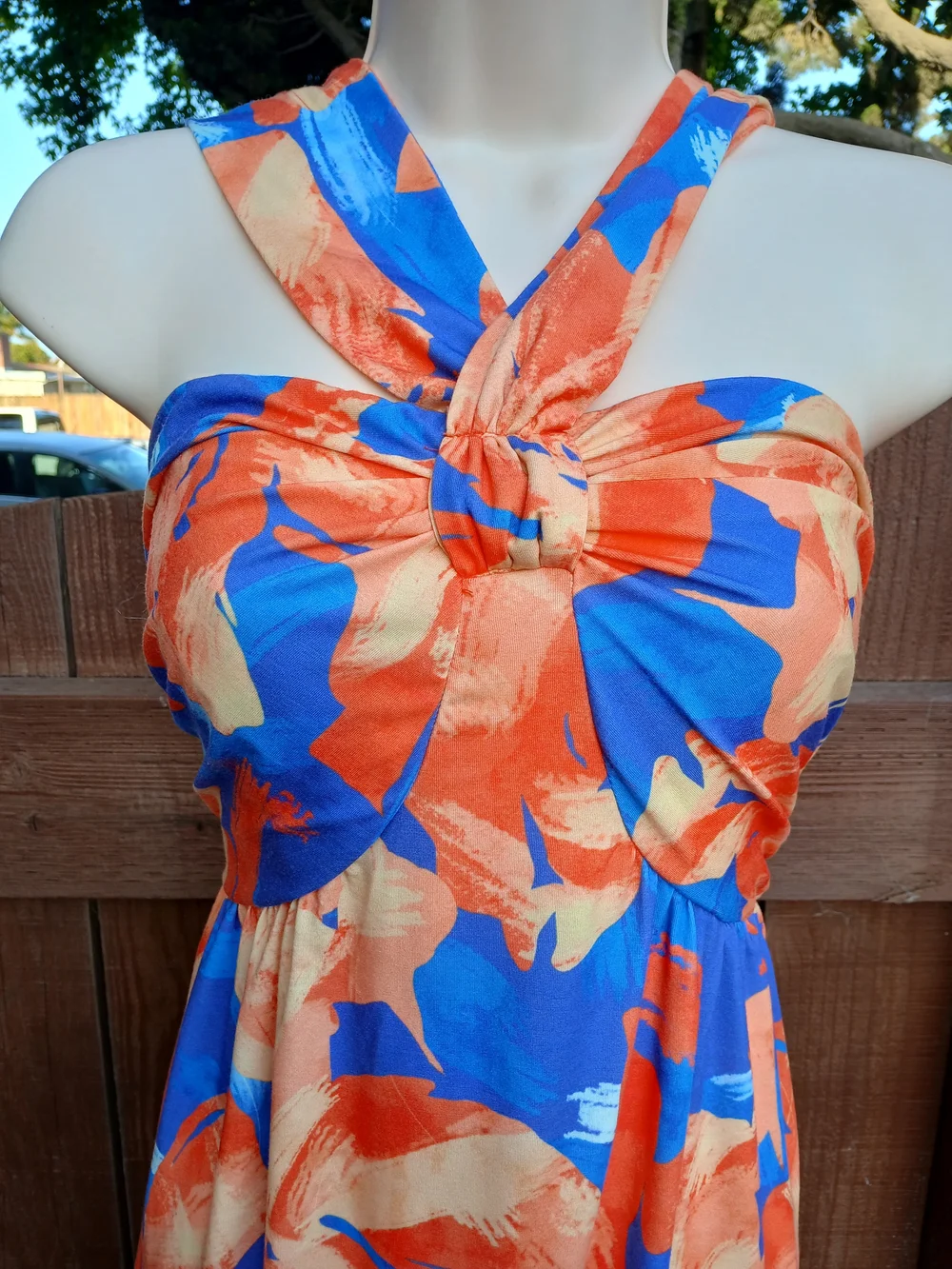 GRACE KARIN Criss Cross Halter Floral Maxi Dress Orange Blue Size L with Pockets - Picture 2 of 14